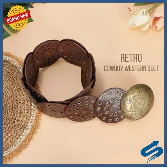 Western Hollow Disc Leather Belt Wide Adjustable Cowgirl Style - Picture 4 of 8